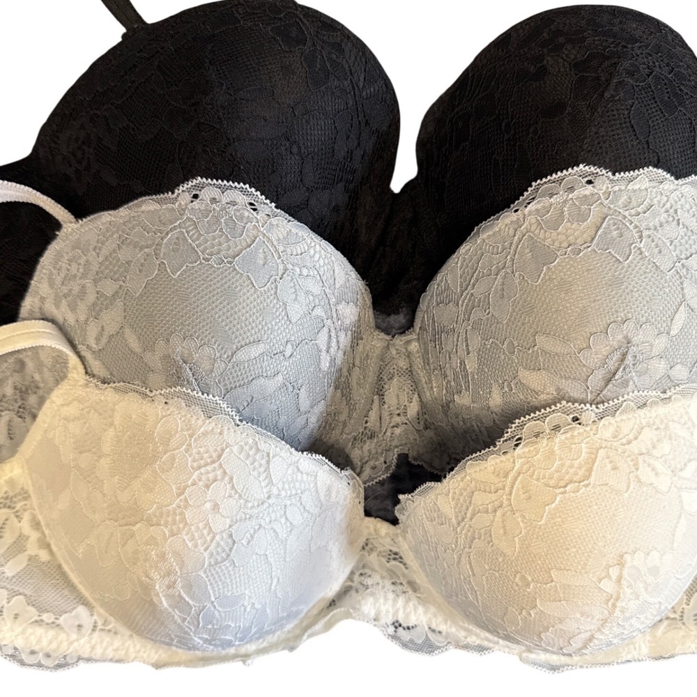SO Intimates 34D Push Up Bra Bundle Lace Underwire Black Grey White‎ 3 Pack